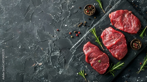 Raw venison steaks with rosemary and pepper on dark surface gourmet food photography