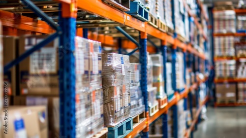 A close-up view of a contemporary warehouse aisle, with neatly labeled pallets and crates stacked in precise order, demonstrating effective inventory management © Kinto