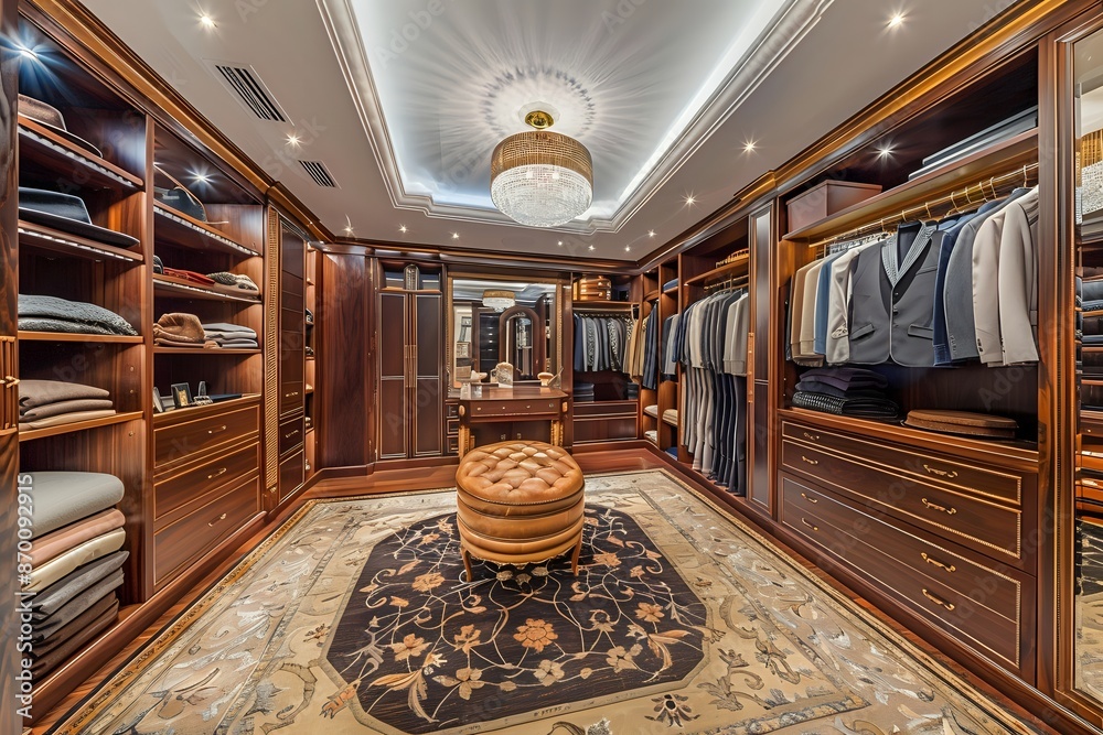 Luxury walk-in closet with dark wood cabinets, elegant clothing, and ...