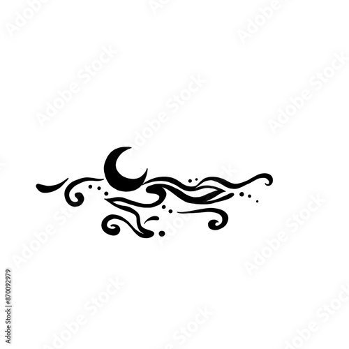Ilustración Olas de mar oceano y luna lineal