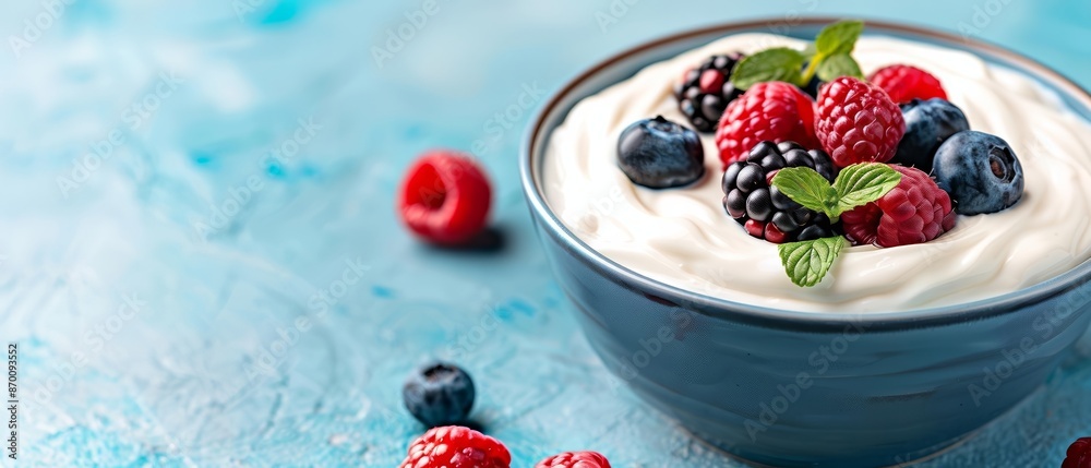 A bowl of creamy yogurt topped with assorted fresh berries and mint leaves on a blue textured background, perfect for a healthy breakfast. A bowl of creamy yogurt topped with assorted fresh berries and mint leaves on a blue textured background, perfect for a healthy breakfast.
