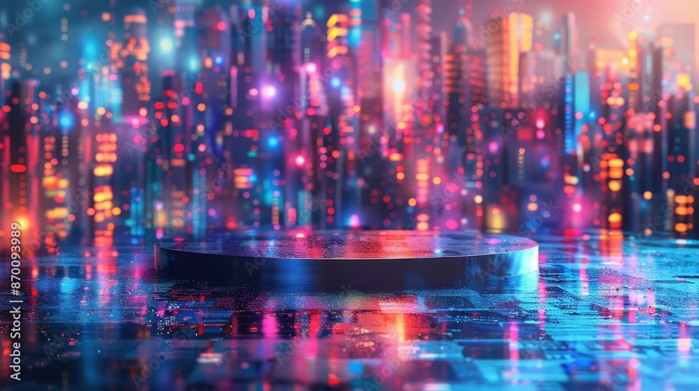 Fototapeta premium Podium in a vibrant, abstract cityscape with swirling lights, illustration background