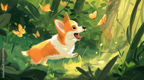Doodle of Happy Corgi Chasing Butterflies in Lush Green Forest