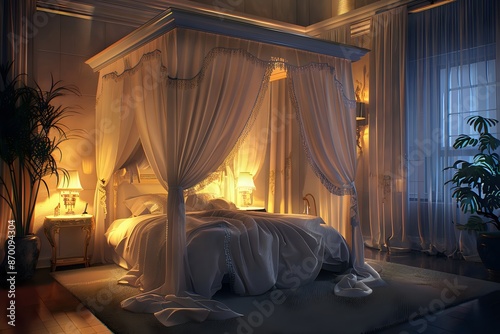 Luxurious canopy bed in a romantic bedroom lit by warm lamplight. Perfect for designs related to relaxation, romance, and interior design. © andyaziz6