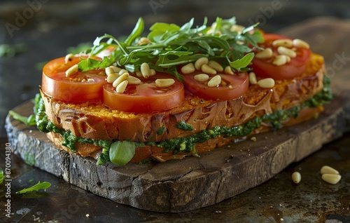 Tomato, Pesto, and Pine Nut Sandwich on Rustic Wooden Board