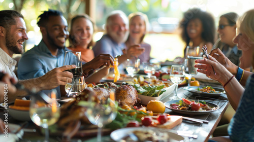 A group of friends from different cultural backgrounds enjoying a meal together, sharing stories and laughter