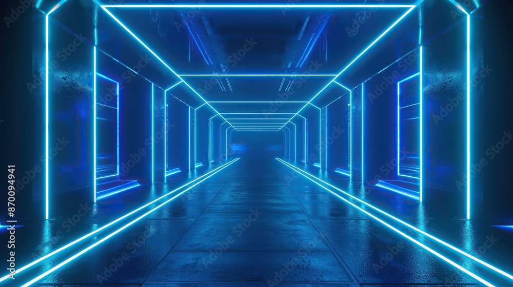 Futuristic blue neon light corridor. Futuristic blue neon light corridor.