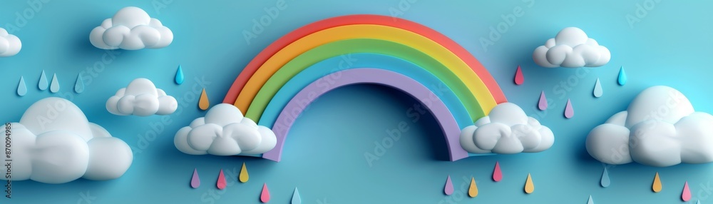 Fototapeta premium Colorful 3D rainbow and clouds with raindrops on a blue background, perfect for children's decor or happy, vibrant designs.