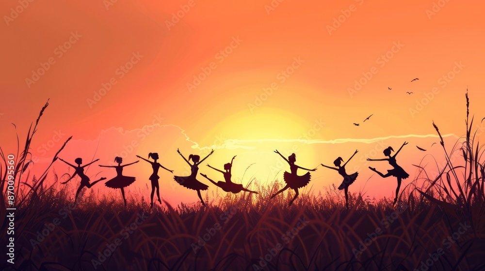 Silhouette of stick characters dancing in the sunset Silhouette of stick characters dancing in the sunset