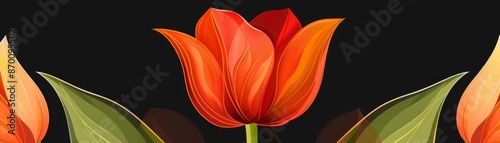 Vibrant orange tulips with green leaves on a black background, showcasing nature's beauty in a cinematic display of color contrast.