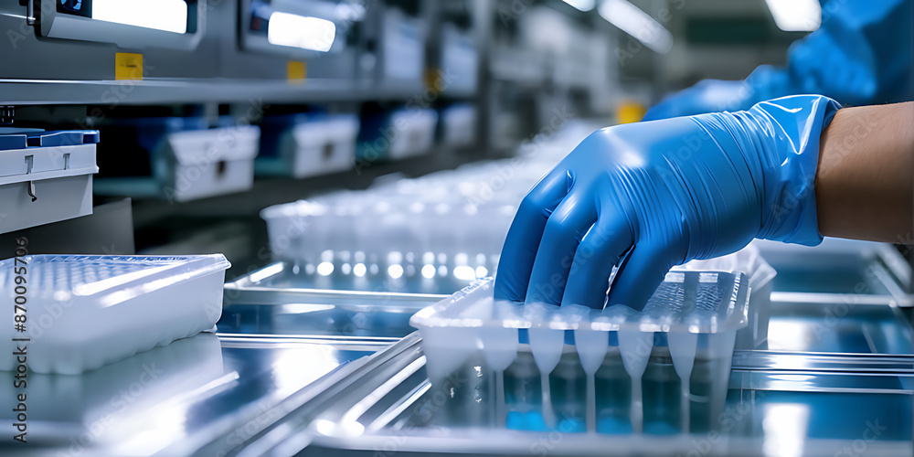 Worker with blue gloves handling products on a pharmaceutical production line in a cleanroom environment, showcasing the precision and care in modern medicine manufacturing. Worker with blue gloves handling products on a pharmaceutical production line in a cleanroom environment, showcasing the precision and care in modern medicine manufacturing.