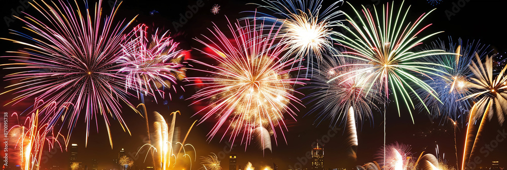 Crowd enjoying a fireworks display at night, bright explosions lighting up the sky. Crowd enjoying a fireworks display at night, bright explosions lighting up the sky.