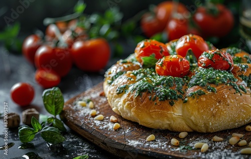 Close Up of a Sesame Seed Bagel Sandwich With Pesto and Tomatoes on a Wooden ...
