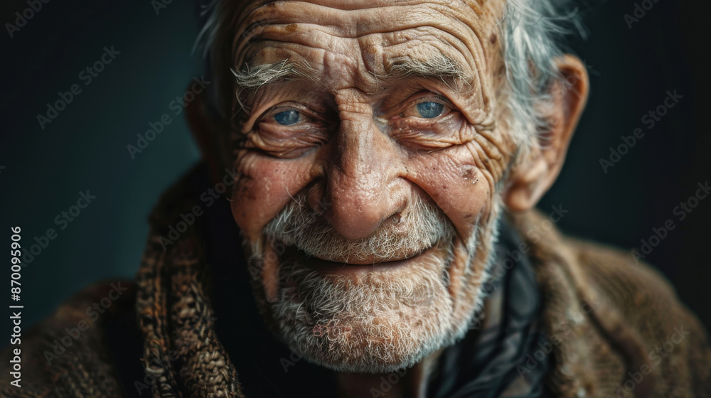 A portrait of a smiling elderly man with deep wrinkles, his eyes full of wisdom and life experiences A portrait of a smiling elderly man with deep wrinkles, his eyes full of wisdom and life experiences