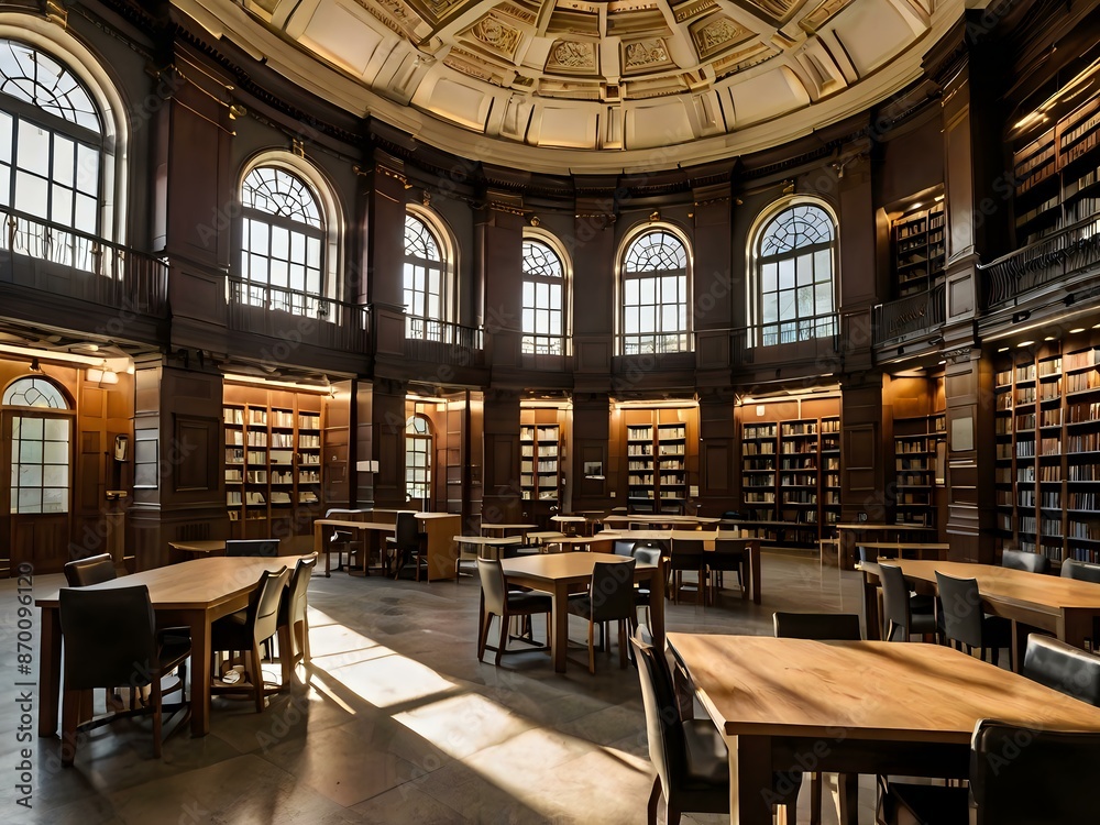 A large and luxurious library with tables and chairs with a large fireplace in the center A large and luxurious library with tables and chairs with a large fireplace in the center