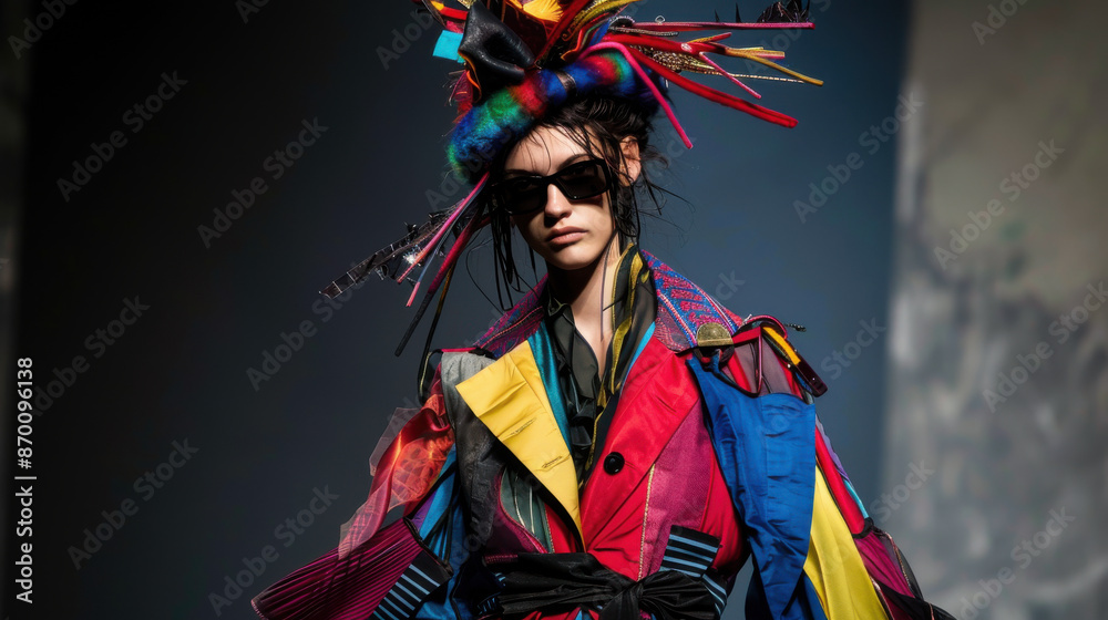 Fototapeta premium A runway model in an avant-garde outfit, featuring bold colors and experimental textures, capturing the essence of high fashion