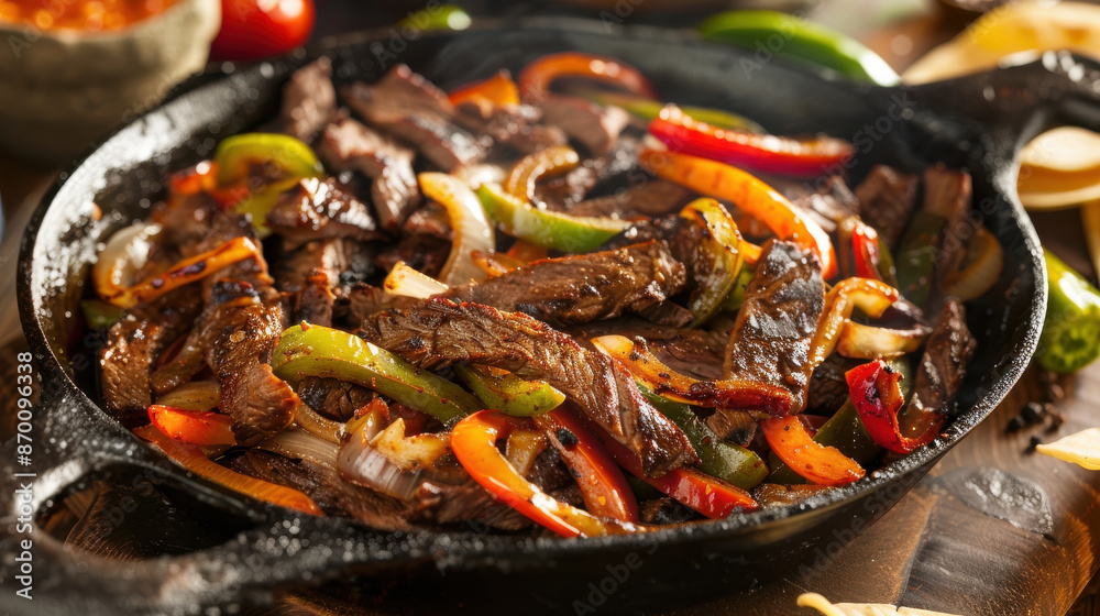 A sizzling skillet of fajitas with marinated beef strips, bell peppers, and onions, ready to be served with tortillas A sizzling skillet of fajitas with marinated beef strips, bell peppers, and onions, ready to be served with tortillas