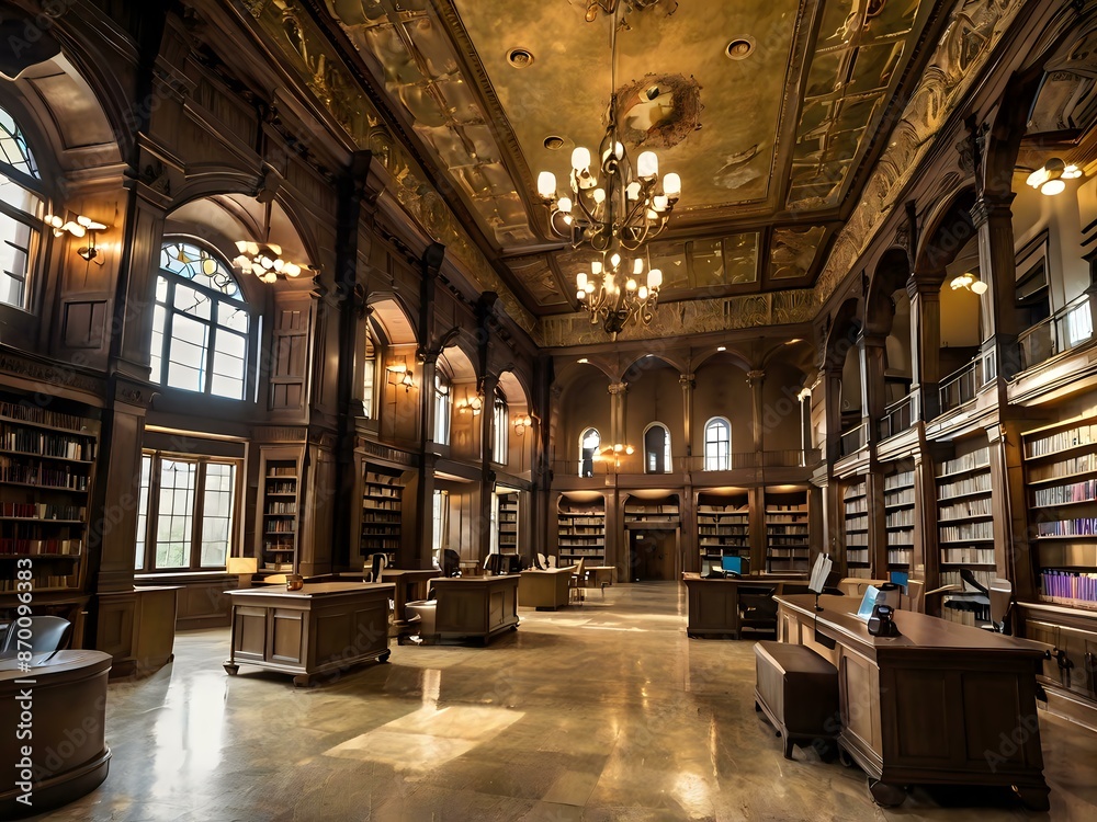 A large and luxurious library with tables and chairs with a large fireplace in the center A large and luxurious library with tables and chairs with a large fireplace in the center