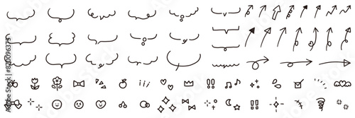 手描きの吹き出しと矢印などの飾りのベクターイラストセット　ふきだし　アイコン　手書き　かわいい