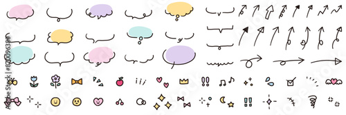 手描きの吹き出しと矢印などの飾りのベクターイラストセット　ふきだし　アイコン　手書き　かわいい