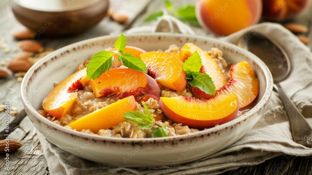 A wholesome breakfast option of buckwheat cereal with a generous helping of sliced peaches and a splash of creamy soy milk. A wholesome breakfast option of buckwheat cereal with a generous helping of sliced peaches and a splash of creamy soy milk.