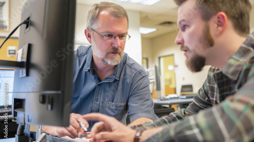 A supervisor showing an intern how to use new software, both looking at the same computer screen photo