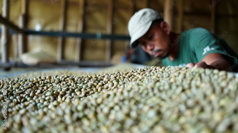 A worker inspecting the quality of green coffee beans before roasting, ensuring the highest standards A worker inspecting the quality of green coffee beans before roasting, ensuring the highest standards
