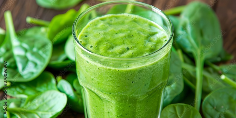 A refreshing green smoothie made with fresh spinach leaves placed on a wooden table. Perfect for a healthy diet and natural energy boost. A refreshing green smoothie made with fresh spinach leaves placed on a wooden table. Perfect for a healthy diet and natural energy boost.