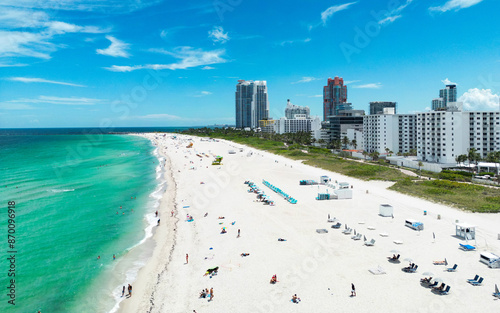 Miami beach, ocean drive summer cityscape. Miami Beach, South Beach, Florida, USA. Coastline, aerial view. Aerial view of high skyscrapers and ocean, Miami Beach, Florida, USA.