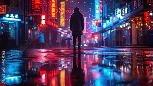 At night, a solitary person stands on a wet, neon-lit street, surrounded by the reflections of vibrant city lights and a moody atmosphere. 