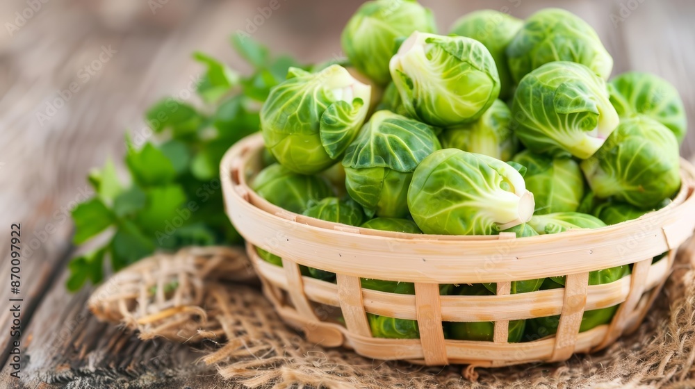 A wicker basket filled with fresh, green Brussels sprouts placed on a rustic wooden table with herbs in the background. A wicker basket filled with fresh, green Brussels sprouts placed on a rustic wooden table with herbs in the background.