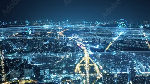 smart Connected city skyline. Futuristic network concept, city Technology