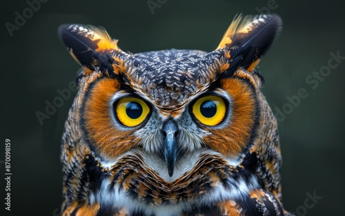 Close-Up Portrait of a Great Horned Owl With Intense Yellow Eyes