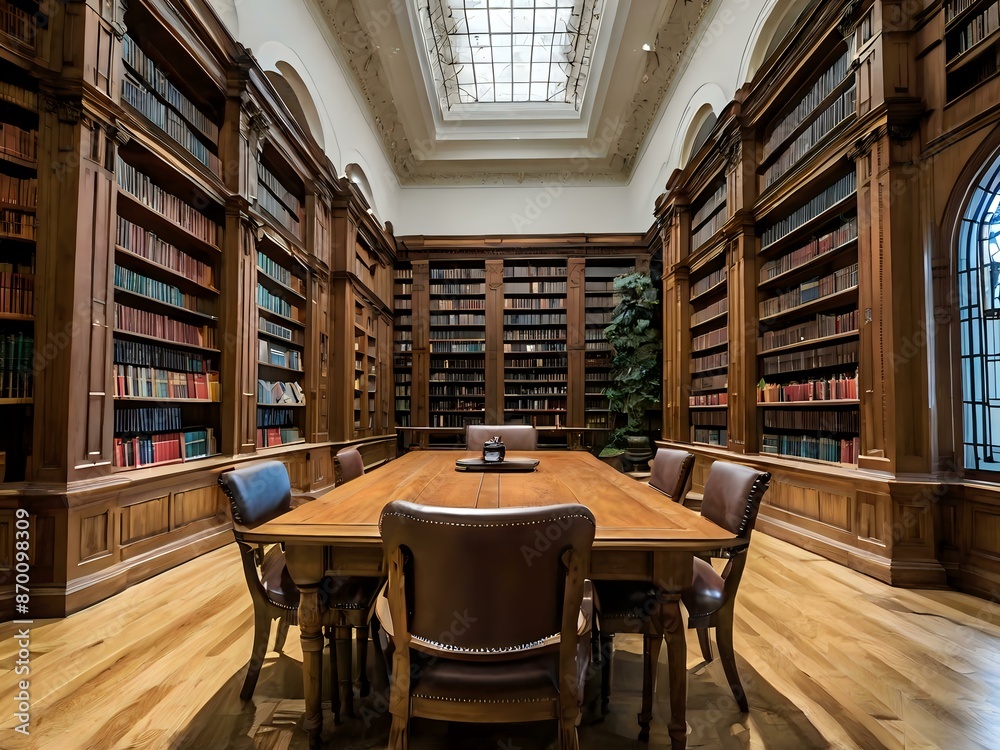 A large and luxurious library with tables and chairs with a large fireplace in the center A large and luxurious library with tables and chairs with a large fireplace in the center