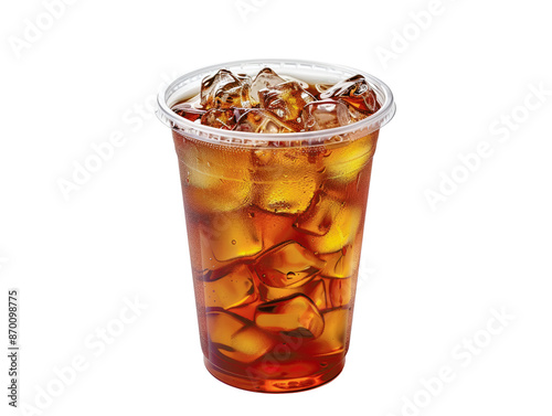 A tall glass filled with ice and a refreshing iced tea beverage. Perfect for summer refreshment.