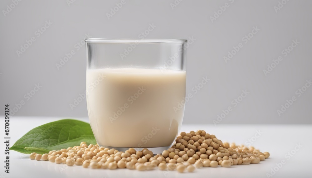 Glass of Soy milk with soybeans in bag Glass of Soy milk with soybeans in bag