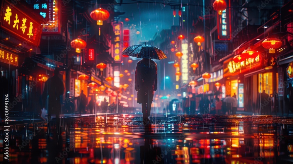 Naklejka premium Neon-lit Chinatown street with rain-soaked reflections, cyberpunk vibes, hyper-detailed, single figure under a streetlight, illustration background