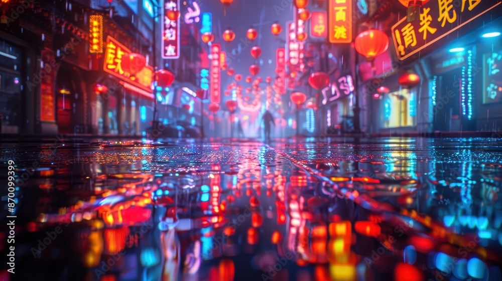 Obraz premium Empty Chinatown street with neon signs reflecting on wet pavement, cyberpunk aesthetic, single figure under streetlight, illustration background