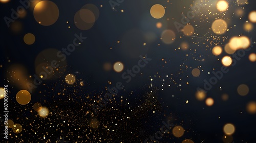 Dark brown background, digital signature with particles, sparkling waves, curtains and areas with deep depths. The particles are golden light lines.