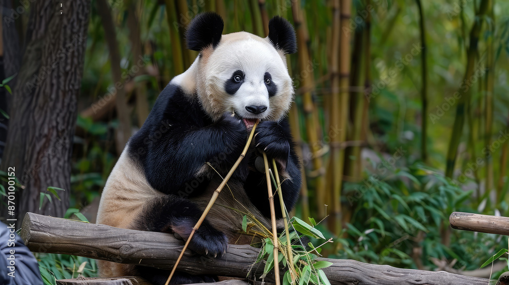 Fototapeta premium Giant Panda Eating Bamboo in Lush Forest. Wildlife Conservation