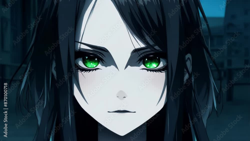 Striking close-up of pale-skinned anime girl with intense emerald eyes. Long black hair frames ghostly white face. Dark, moody atmosphere evokes mystery and melancholy. 