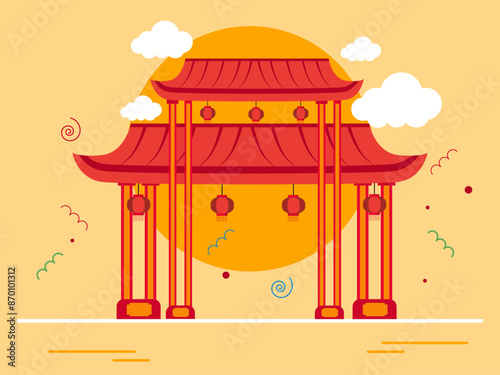 Asian gate entrance. China traditional building. Asian culture vector illustration.