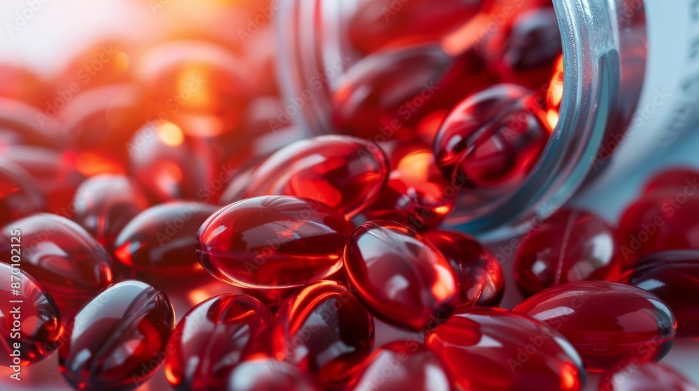 Close-up of red gel capsules spilling from a bottle, showcasing health supplements and vitamins. Bright and vibrant medical imagery. Close-up of red gel capsules spilling from a bottle, showcasing health supplements and vitamins. Bright and vibrant medical imagery.