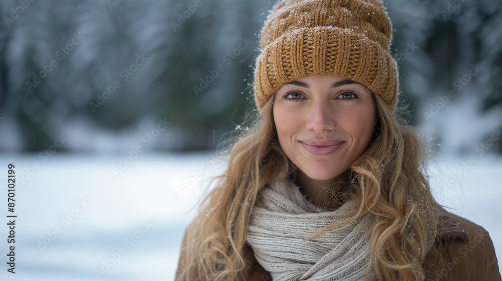 Serene Winter Portrait: Smiling Woman by Snow-Covered Log Cabin Serene Winter Portrait: Smiling Woman by Snow-Covered Log Cabin