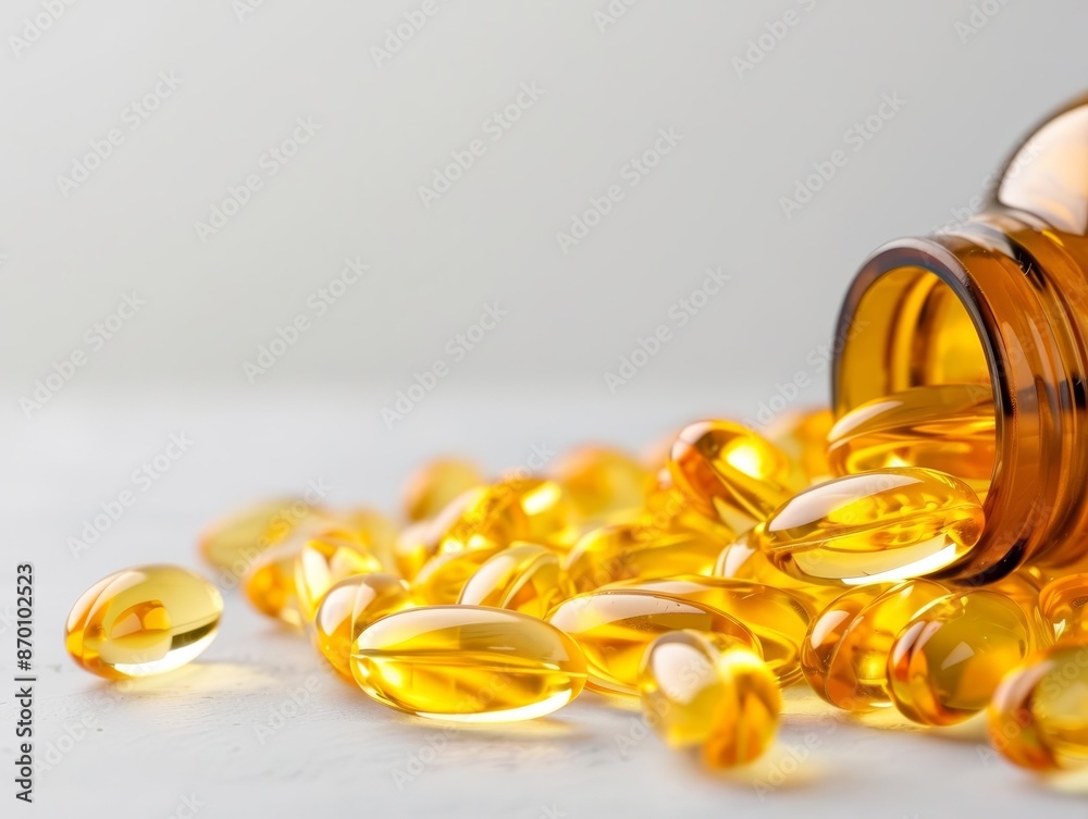 Close-up of vitamin D capsules spilling out of a brown bottle on a white surface, highlighting health and wellness supplements. Close-up of vitamin D capsules spilling out of a brown bottle on a white surface, highlighting health and wellness supplements.