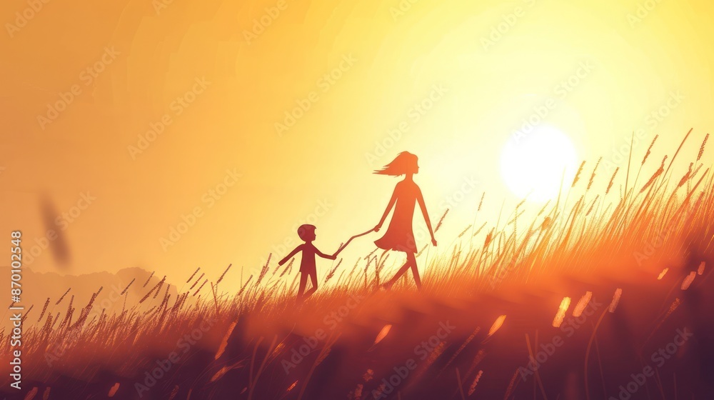Fototapeta premium Silhouette of Mother and Child Stick Characters