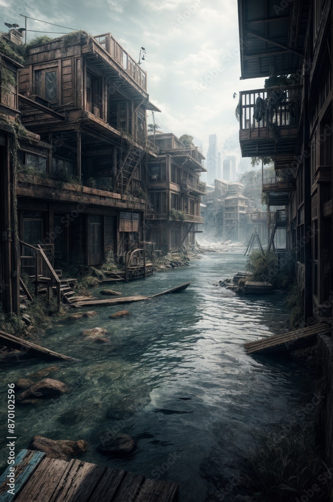 Abandoned buildings by a waterway in a dystopian city Abandoned buildings by a waterway in a dystopian city