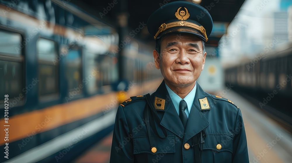 Smiling Asian Train Conductor in Uniform on Platform Smiling Asian Train Conductor in Uniform on Platform