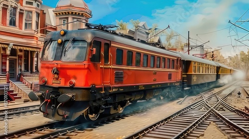 Red vintage passenger train arriving at a station. Retro locomotive traveling on railway tracks, transportation and journey concept.