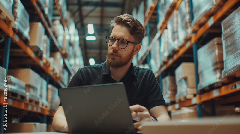 Fototapeta premium warehouse manager working on laptop, portrait of a man working on warehouse logistics 
